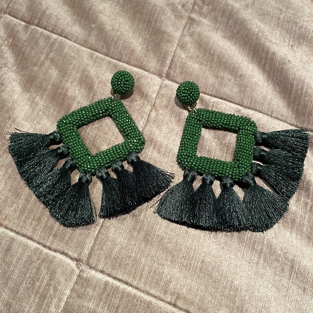 Enormous Beaded Fringe Earrings Green Boho Fancy